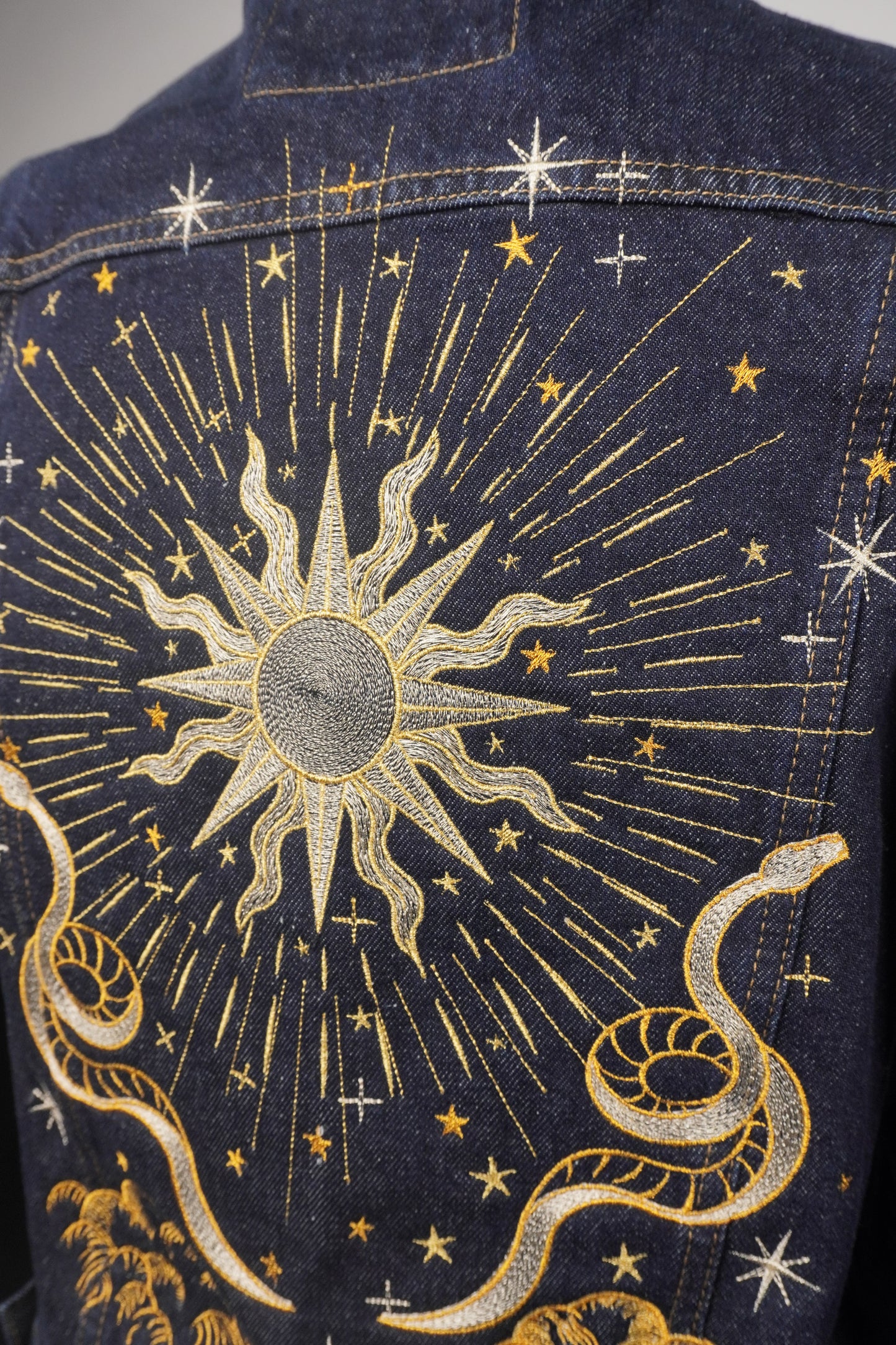 Dark Wash Indigo Blue Women's Denim Jacket with Celestial Embroidery Snake Sun Moon Stars Tarot