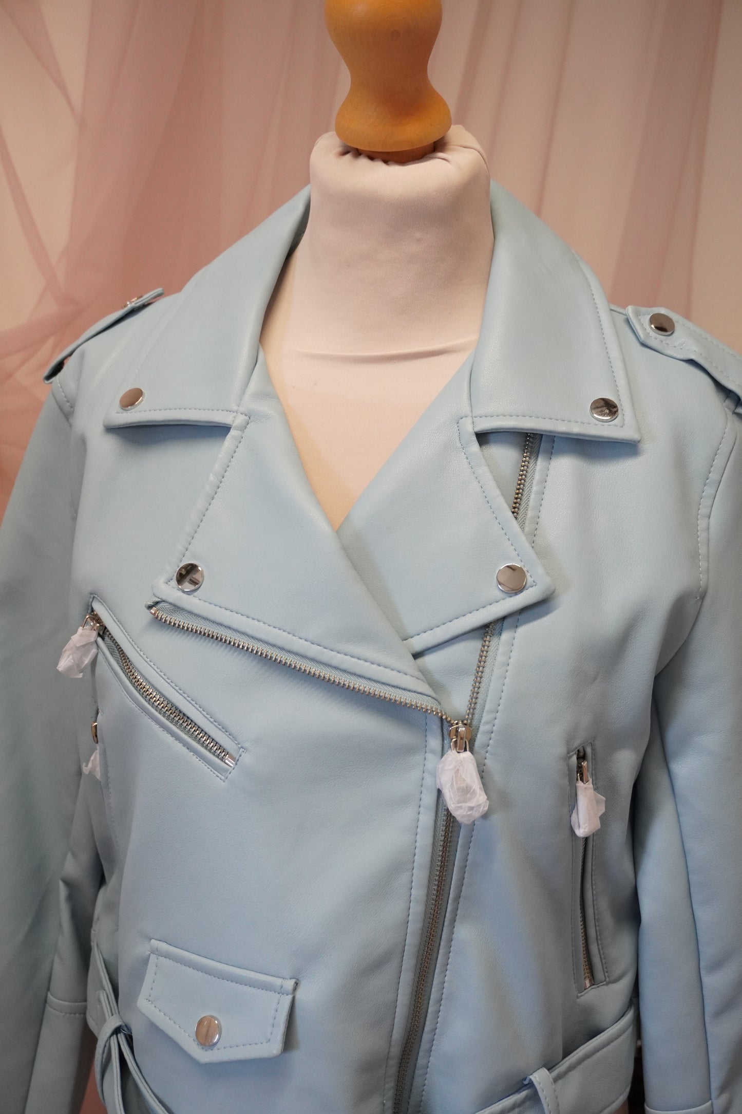 Women's Cropped Embroidered Faux Leather Baby Blue Bright Floral Bouquet Jacket