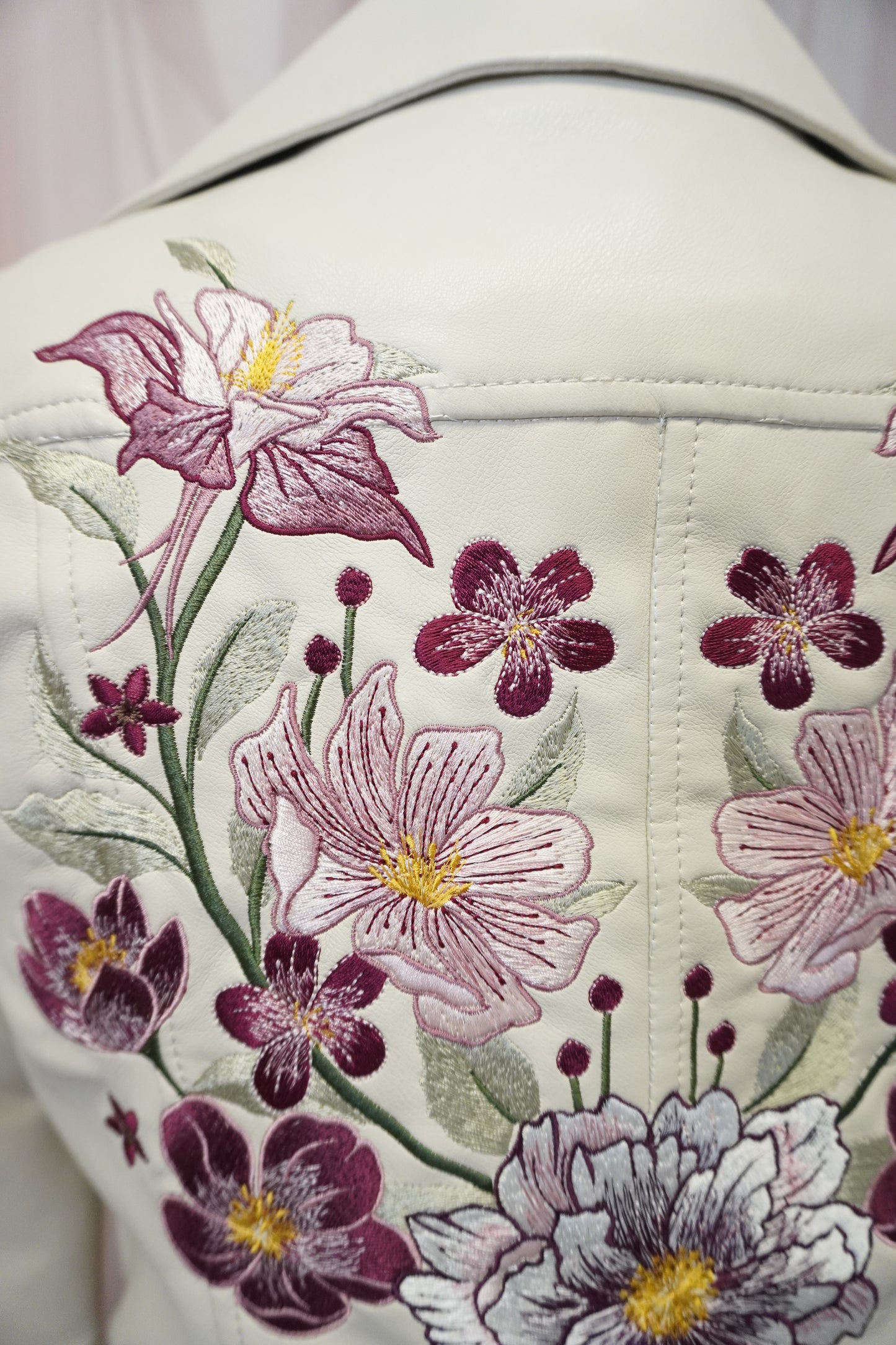 Women's Ivory Cream Cropped Embroidered Faux Leather Jacket with Pink and Red Florals