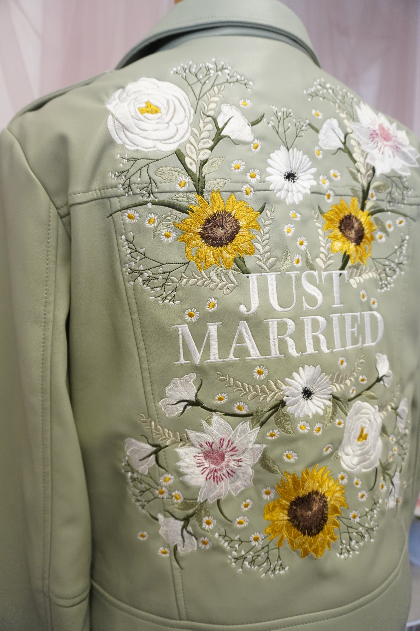 Women's Sage Green 'Just Married' Embroidered Floral Faux Leather Jacket Biker Moto Style
