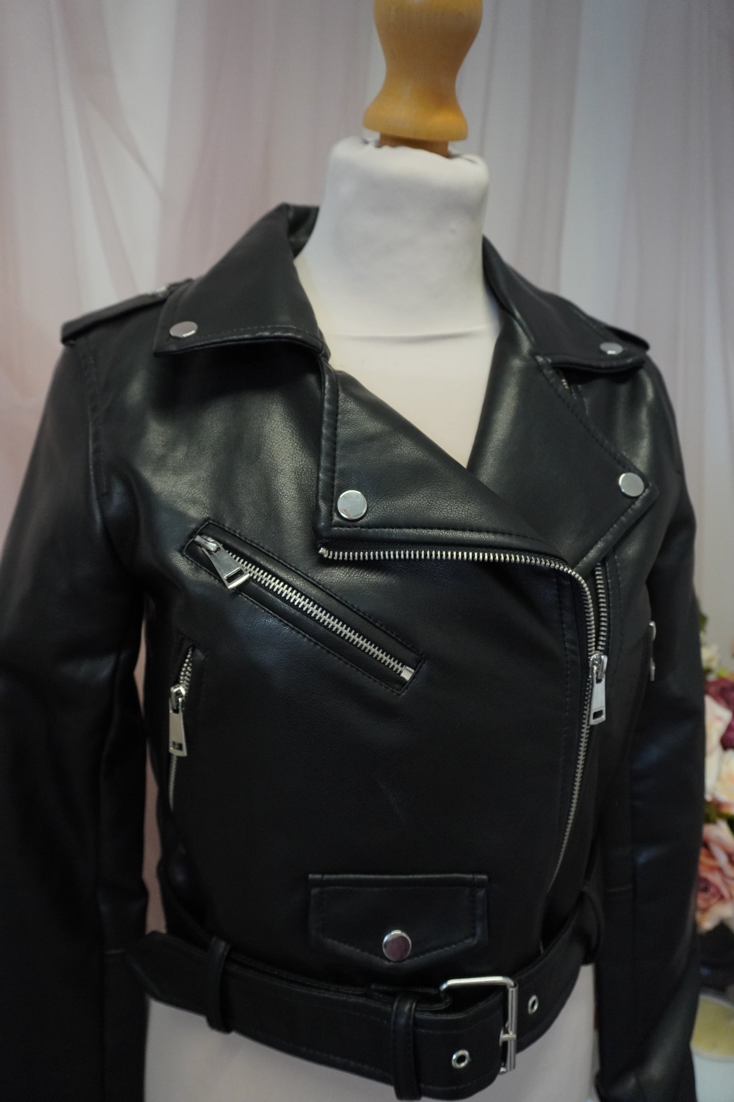 Luxury Floral Embroidered Black Faux Leather Jacket - Pink, Red, White, Burgundy Muted Design