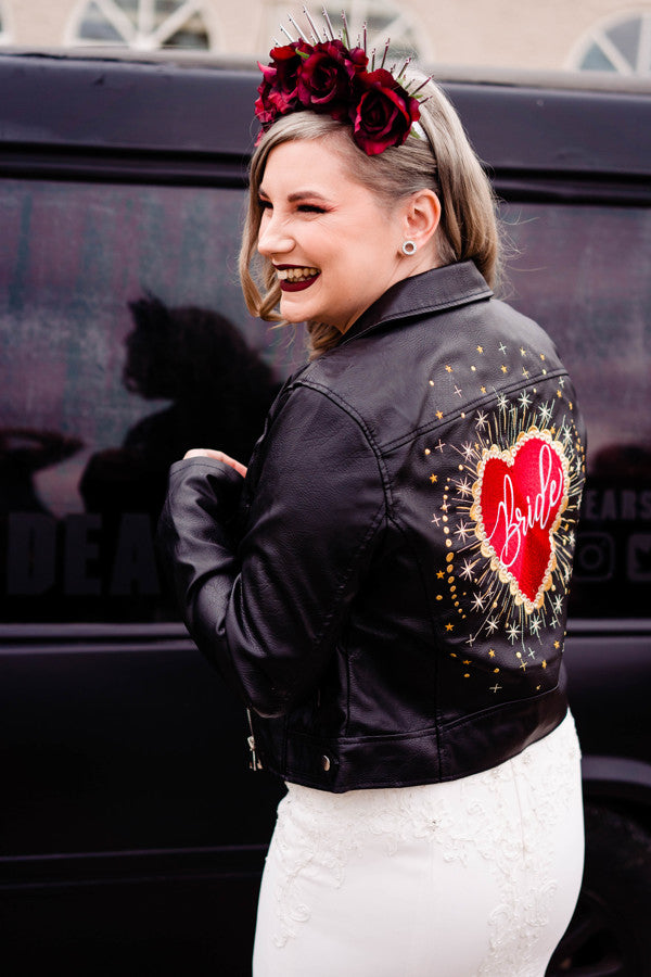 Custom Celestial Heart Bride Wedding Embroidered Faux Leather Denim Jacket - Personalised