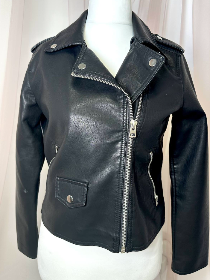 Women's Black Embroidered Faux Leather Skeleton Promise Till Death Do Us Part Celestial Jacket