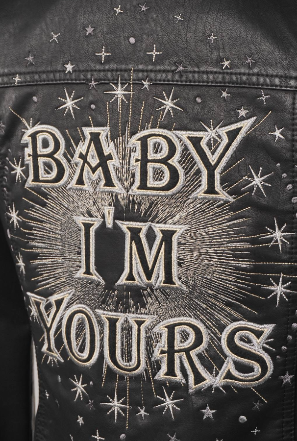 Women's Black Embroidered Faux Leather Celestial Silver 'Baby I'm Yours' Jacket