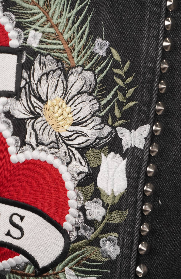 Women's Studded Oversized Black Embroidered Denim Leather Silver 'Mrs & Mrs' Floral Hearts Jacket