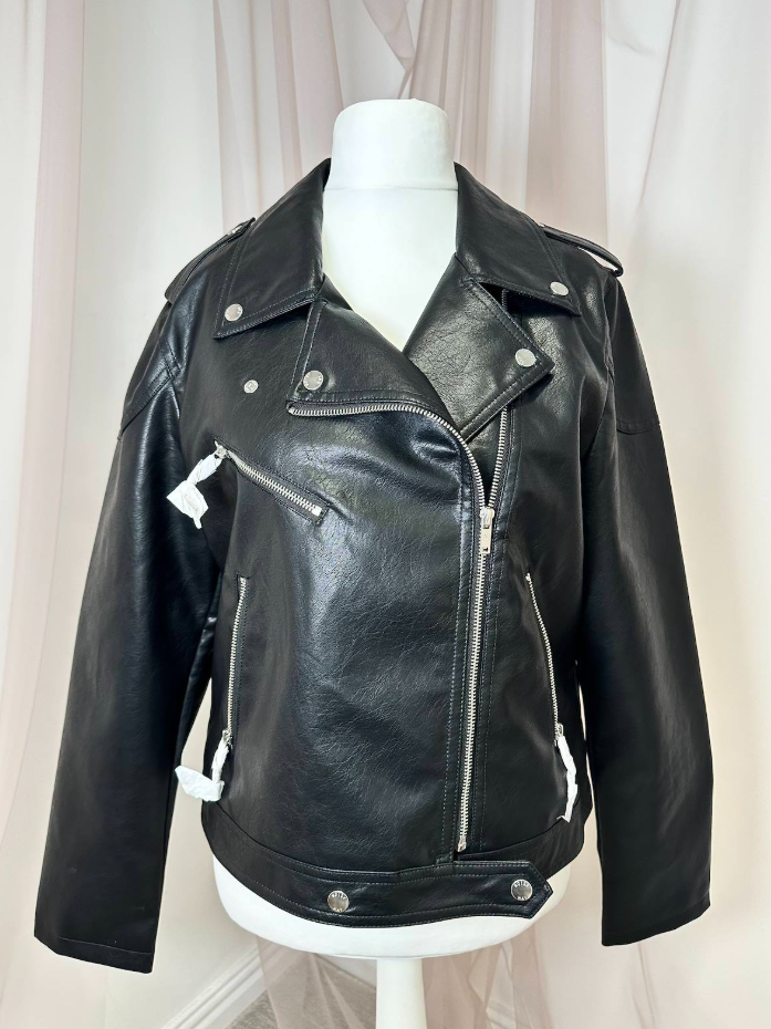 Women's Black Embroidered Faux Leather Jacket with Celestial Floral Embroidery Snake Sun Moon Stars Tarot