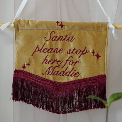 Santa Please Stop Here Custom Text Sign - Luxury Embroidered Velvet Christmas Decoration