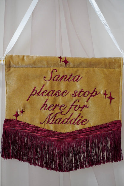 Santa Please Stop Here Custom Text Sign - Luxury Embroidered Velvet Christmas Decoration
