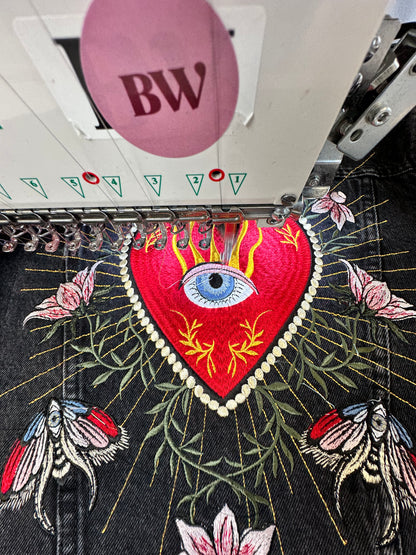 Custom Heart Eye Sacred Celestial Butterfly Floral Denim Jean Embroidered Jacket