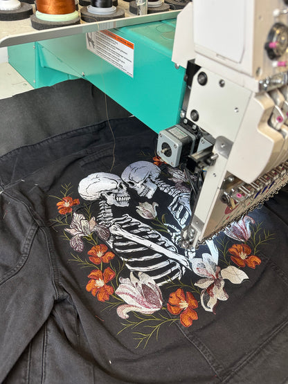 Custom Skeleton Embroidered Bridal Jacket - Black Gothic Alternative Wedding Denim Jacket