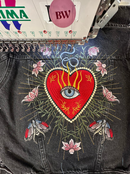 Custom Heart Eye Sacred Celestial Butterfly Floral Denim Jean Embroidered Jacket
