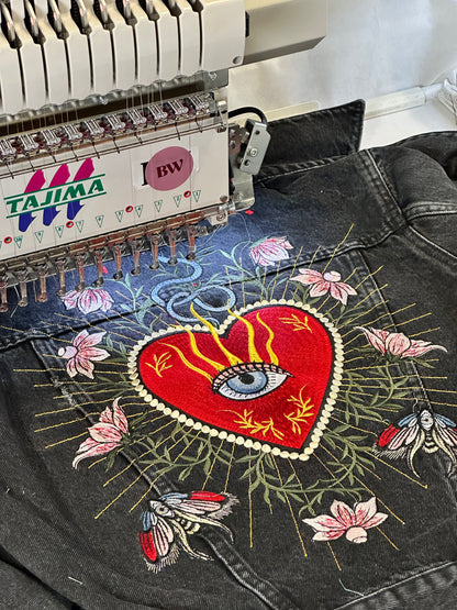 Custom Heart Eye Sacred Celestial Butterfly Floral Denim Jean Embroidered Jacket