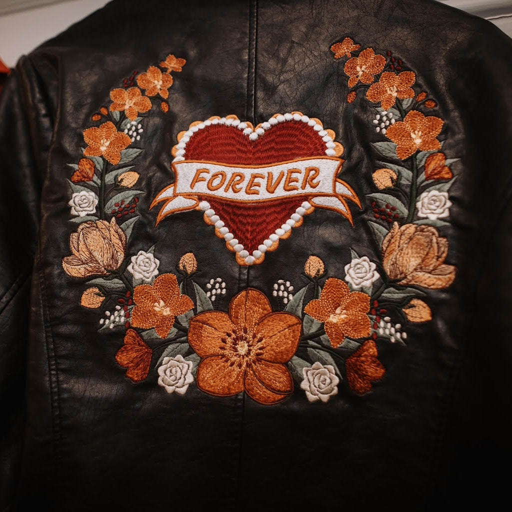 Forever Floral Heart Custom Embroidered Jacket - Faux Leather