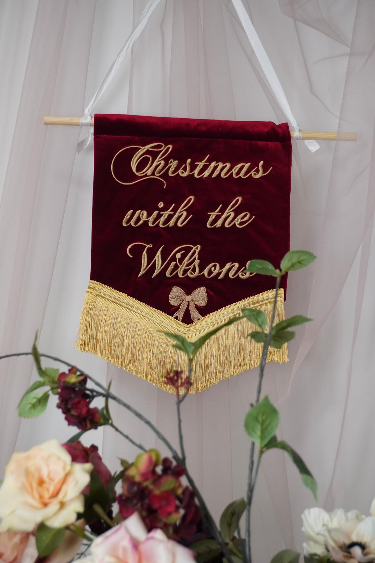 Personalised Red Velvet Christmas Banner – Custom Embroidered Family Name, Gold Fringe (30x34cm)
