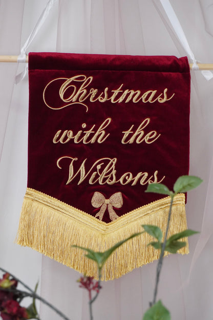 Personalised Red Velvet Christmas Banner – Custom Embroidered Family Name, Gold Fringe (30x34cm)