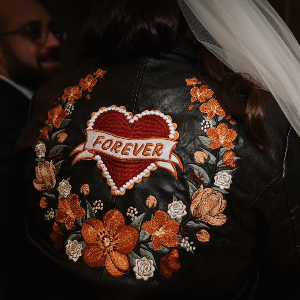 A close-up of the back of a black leather jacket decorated with a large embroidered red heart patch that says 'FOREVER' and surrounded by orange, white, and gray flowers. A person wearing the jacket has a white veil, and a man in a dark suit is blurred in the background.