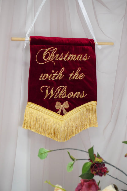 Personalised Red Velvet Christmas Banner – Custom Embroidered Family Name, Gold Fringe (30x34cm)