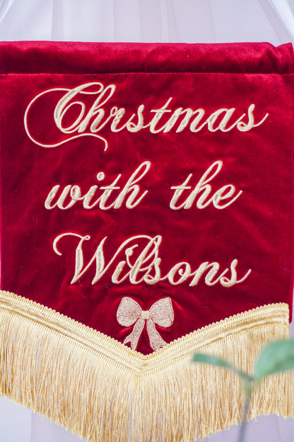 Personalised Red Velvet Christmas Banner – Custom Embroidered Family Name, Gold Fringe (30x34cm)