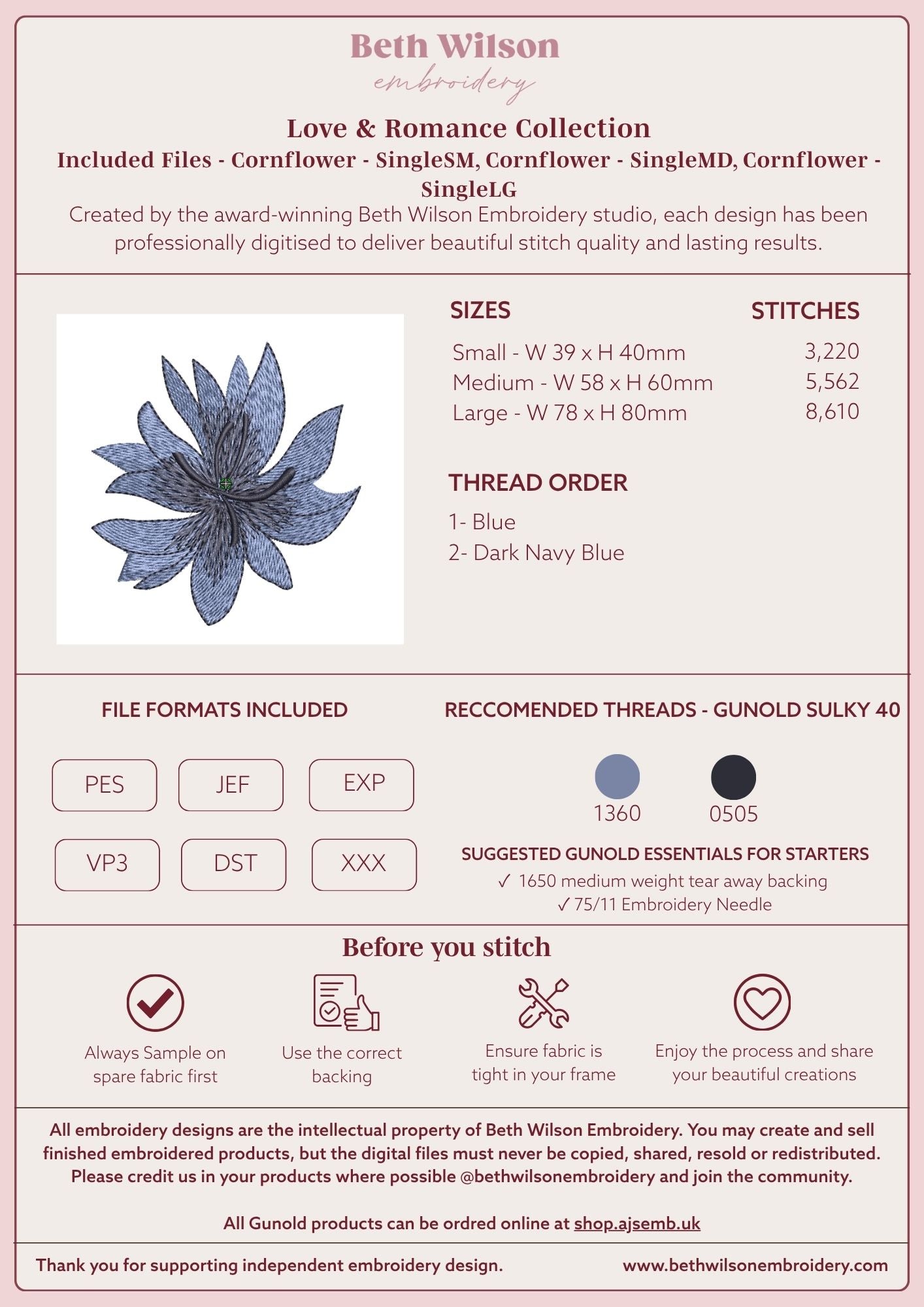 Cornflower Single Digital Download Embroidery File - Instant Download
