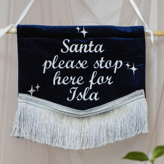 Santa Please Stop Here Custom Text Embroidered Luxury Christmas Decoration Banner - Blue & Silver