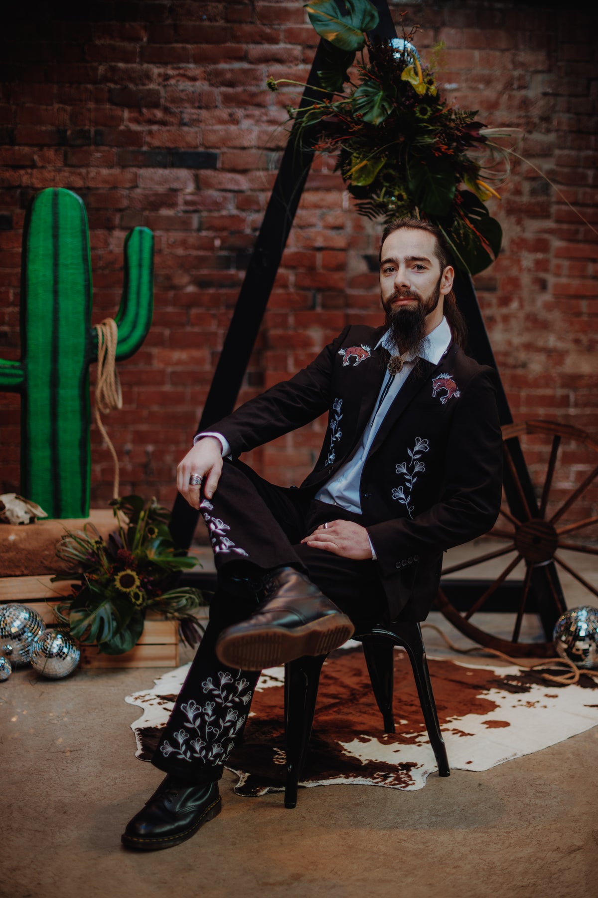 Cowboy Themes Embroidered Suit, Black Wedding suit with white floral details and horse embroidered on