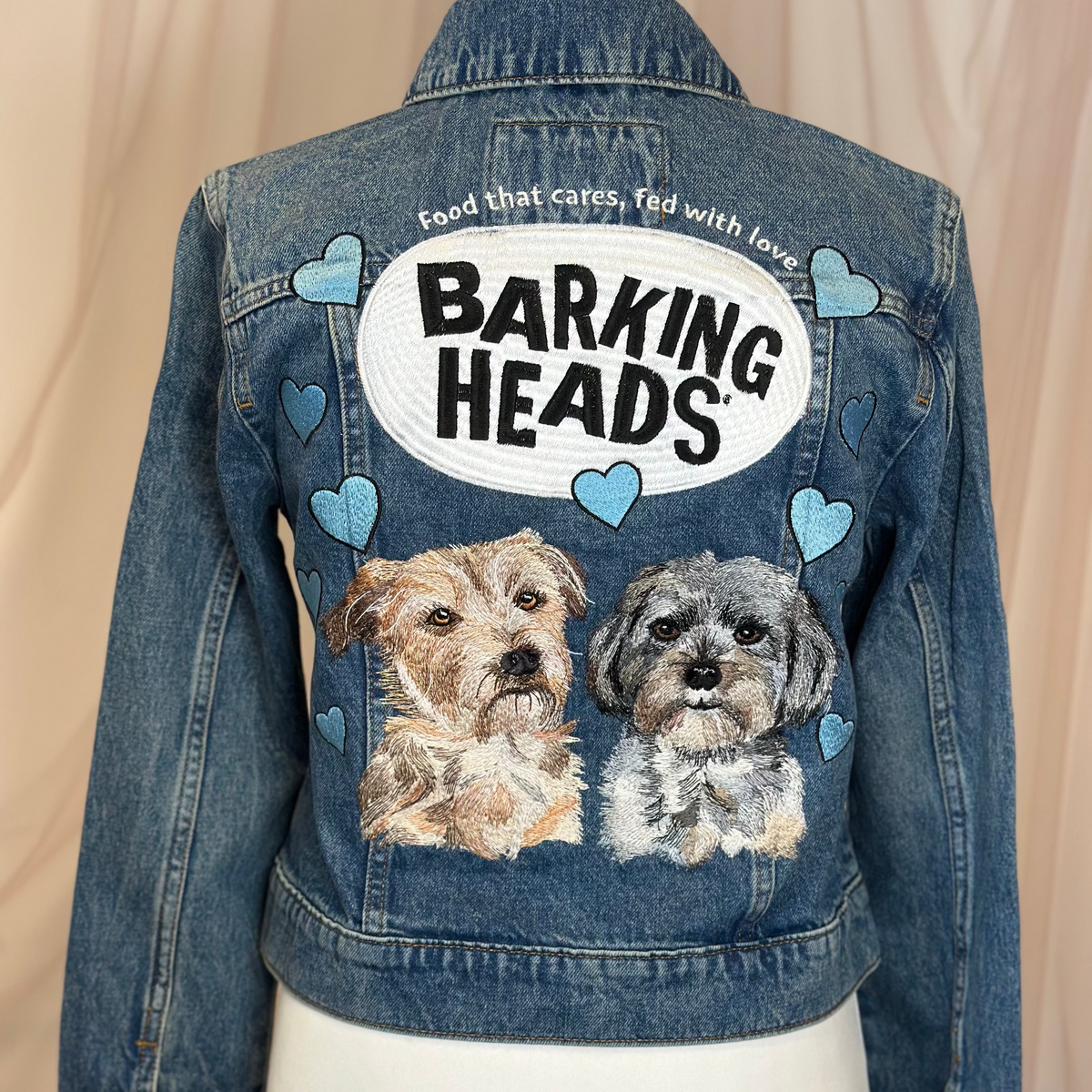 Denim jacket with 'Barking Heads' logo and custom Pet Portrait design of Amanda Holden's two dogs