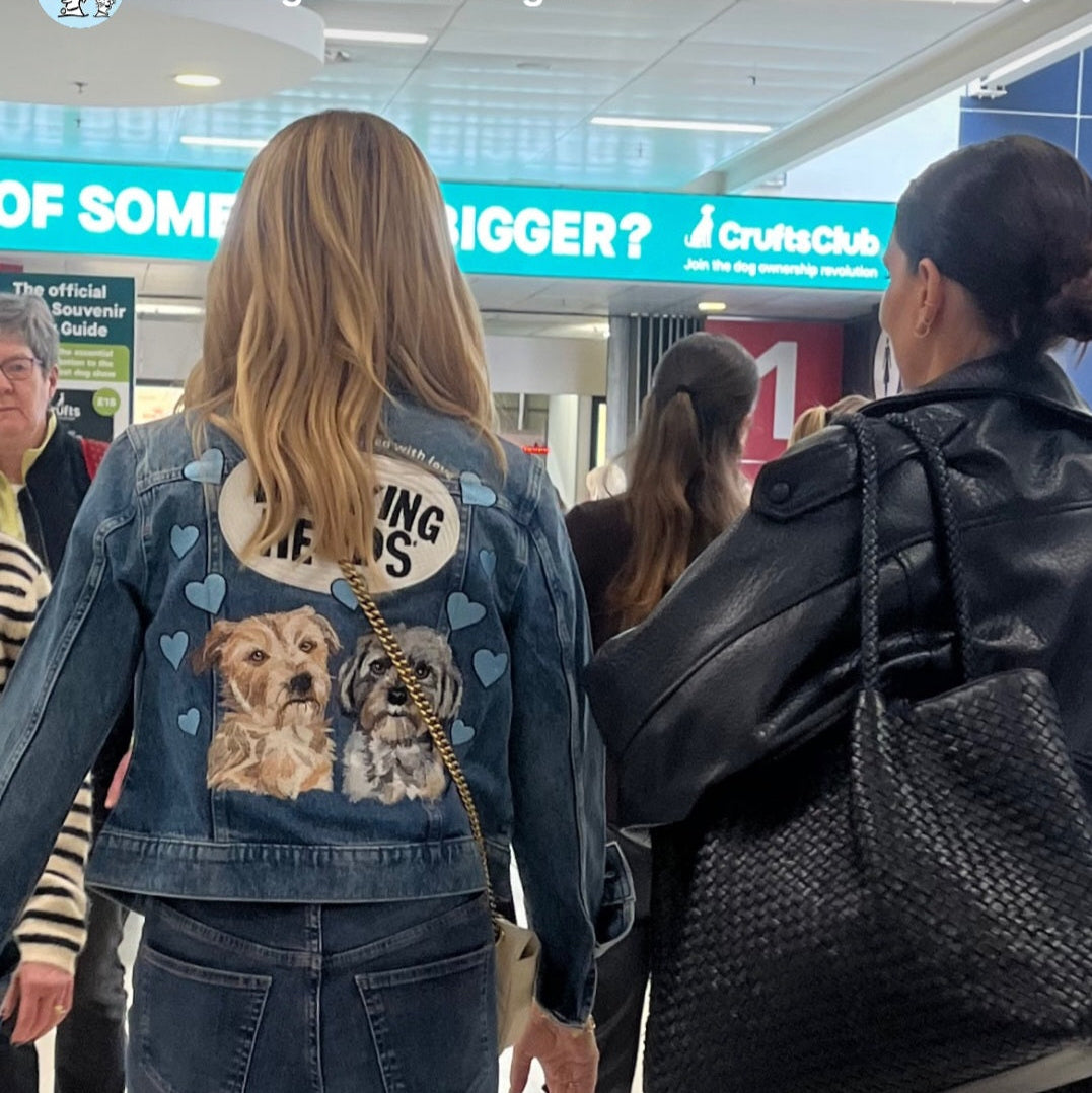 Amanda Holden wearing Beth Wilson Embroider denim jacket with bespoke Embroidered Pet Portrait of her two dogs 
