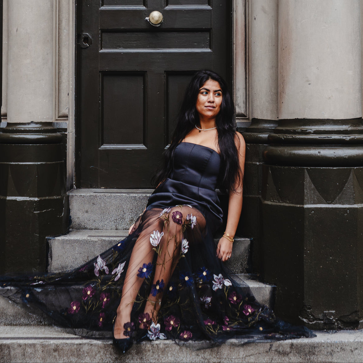 Custom Made Embroidered occasion dress with embroidered florals on tulle