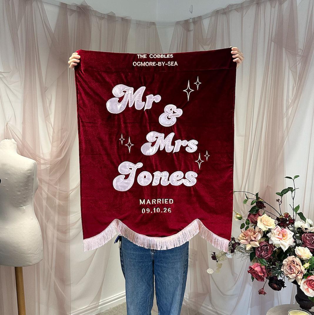 Custom embroidered banner.
Personalised banner with text.
Embroidered banner with name.
Custom fabric banner UK.
Personalised decorative banner.