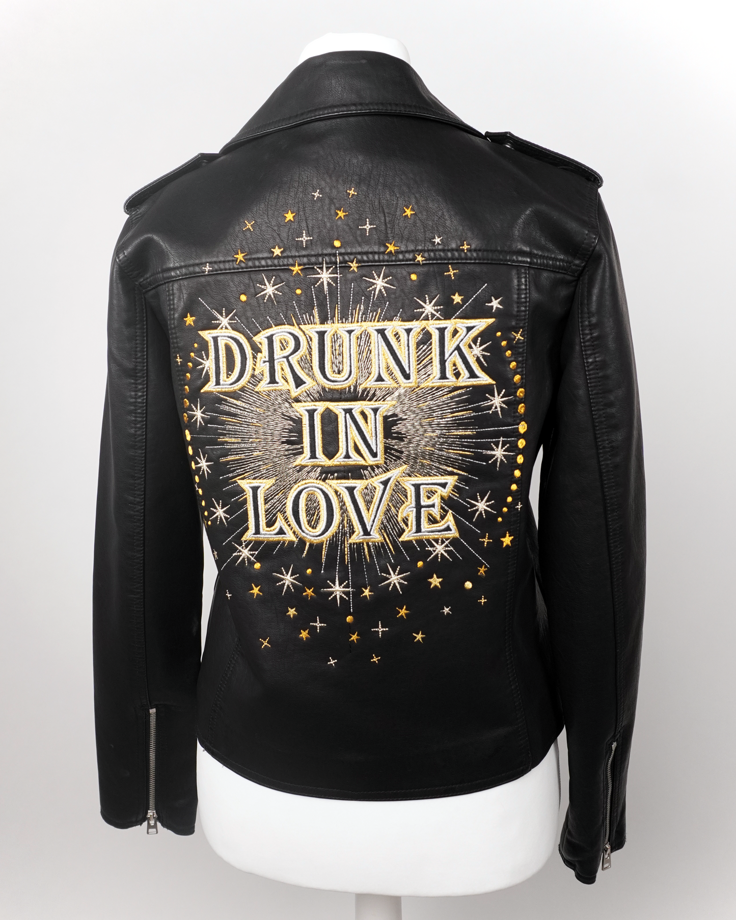 Women's Black Embroidered Faux Leather Celestial 'Drunk In Love' Jacket