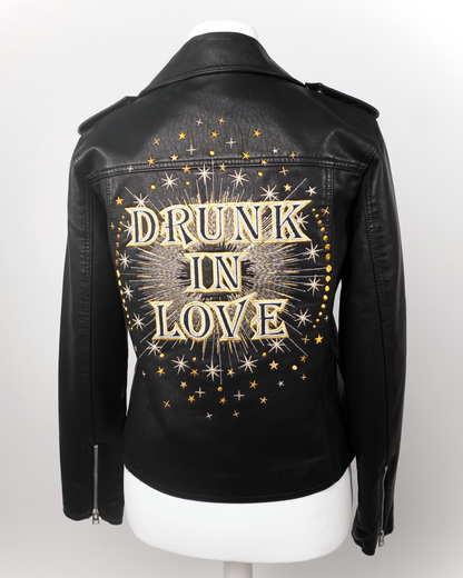 Women's Black Embroidered Faux Leather Celestial 'Drunk In Love' Jacket