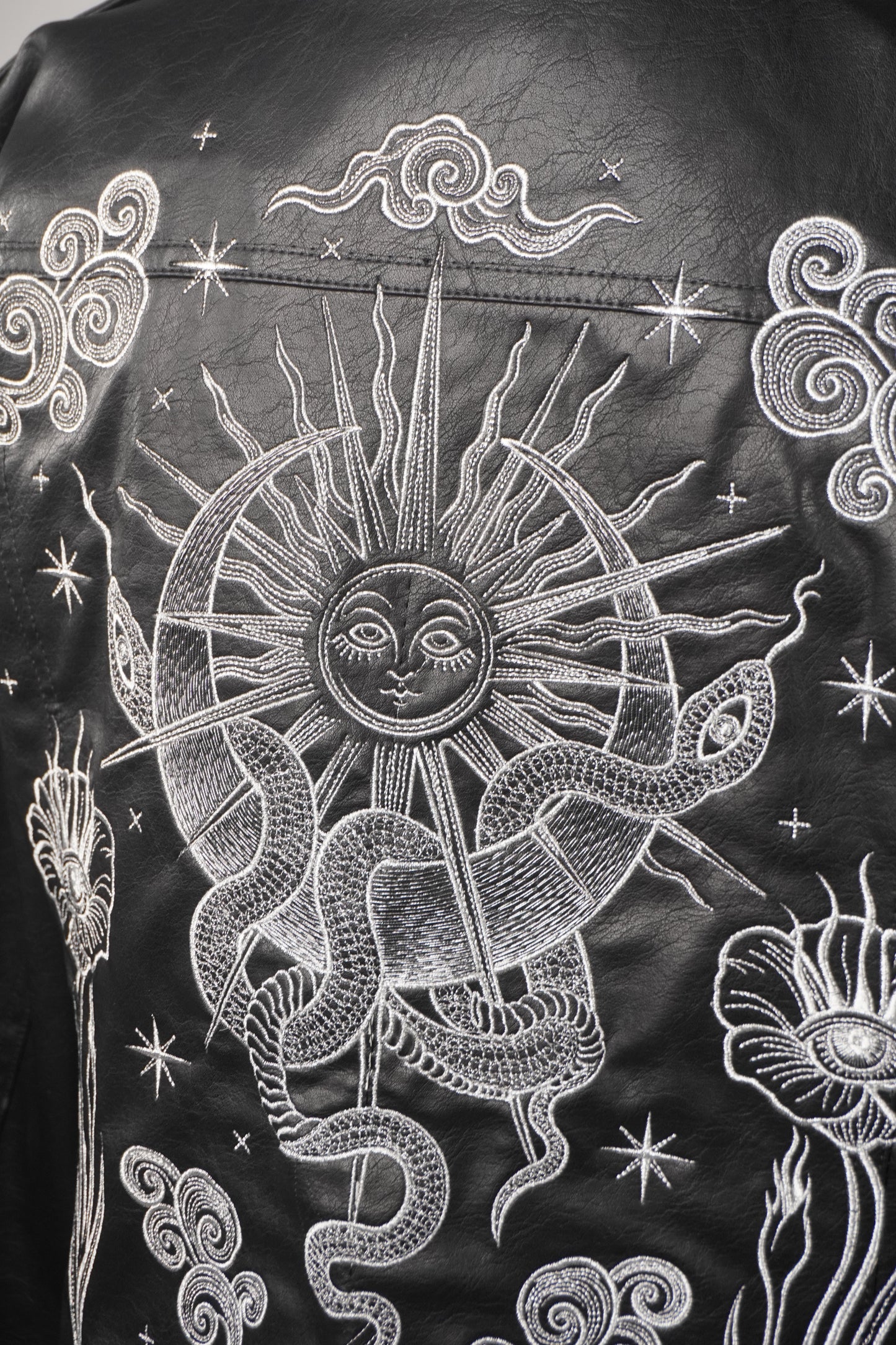 Women's Black Embroidered Faux Leather Jacket with Celestial Floral Embroidery Snake Sun Moon Stars Tarot
