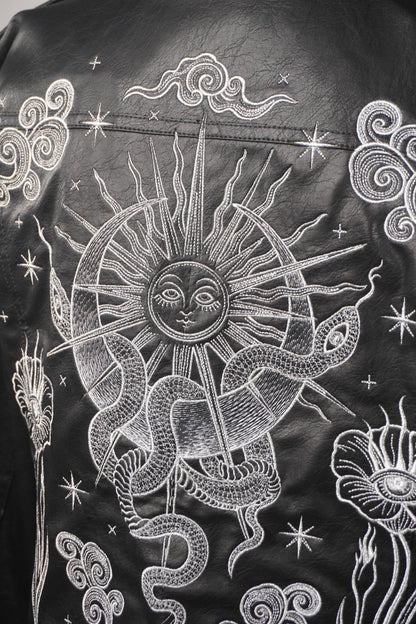 Women's Black Embroidered Faux Leather Jacket with Celestial Floral Embroidery Snake Sun Moon Stars Tarot