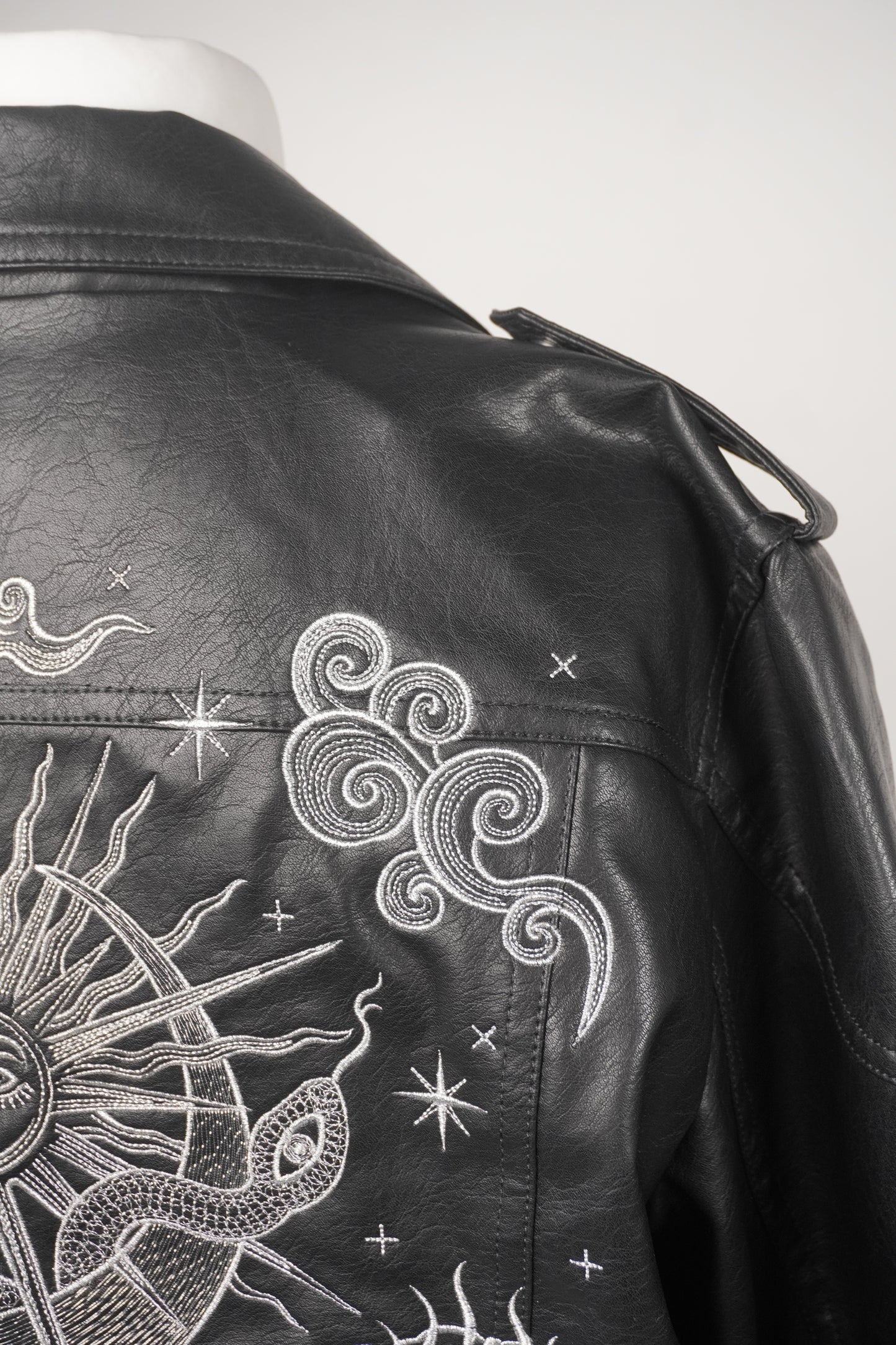 Women's Black Embroidered Faux Leather Jacket with Celestial Floral Embroidery Snake Sun Moon Stars Tarot