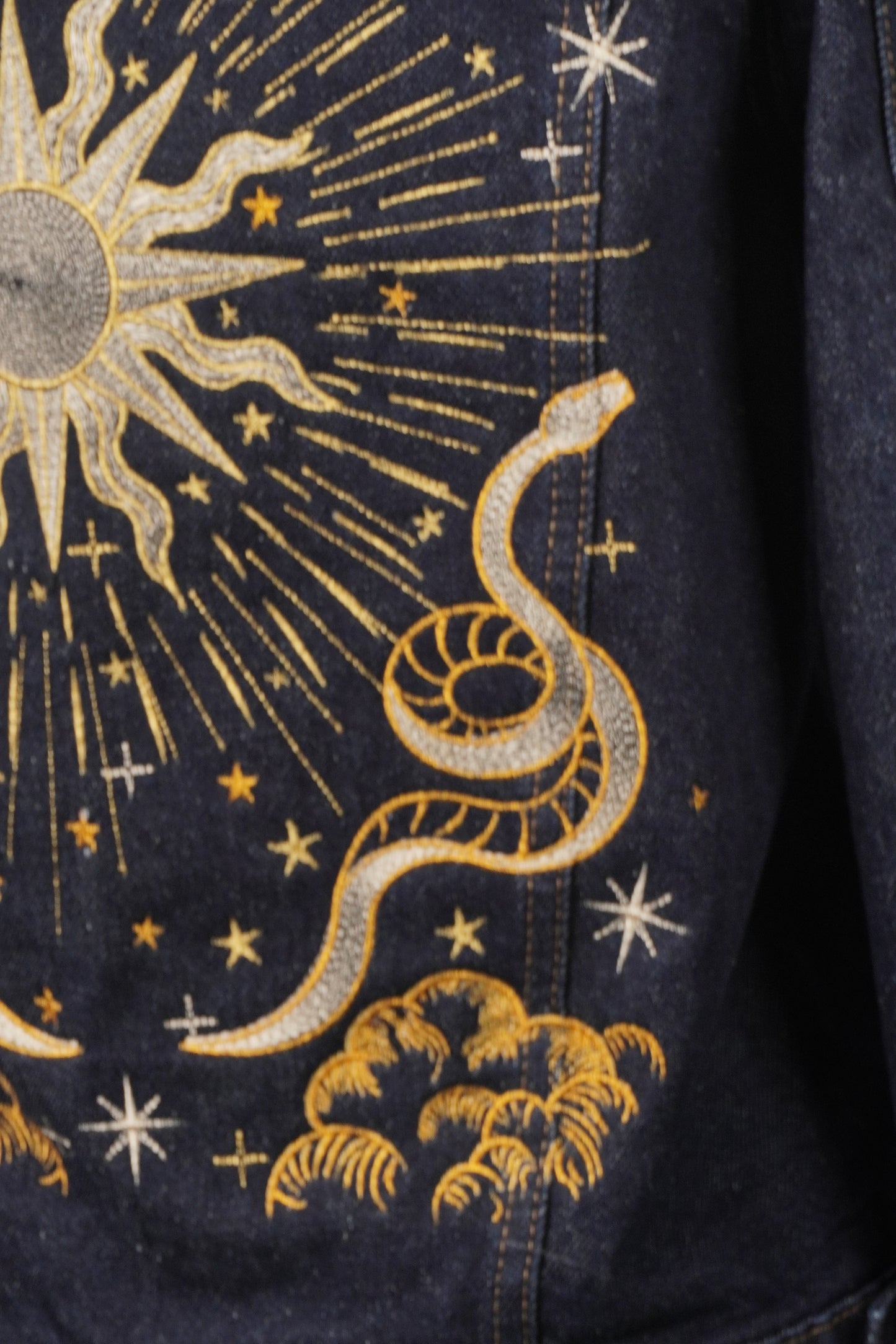 Dark Wash Indigo Blue Women's Denim Jacket with Celestial Embroidery Snake Sun Moon Stars Tarot