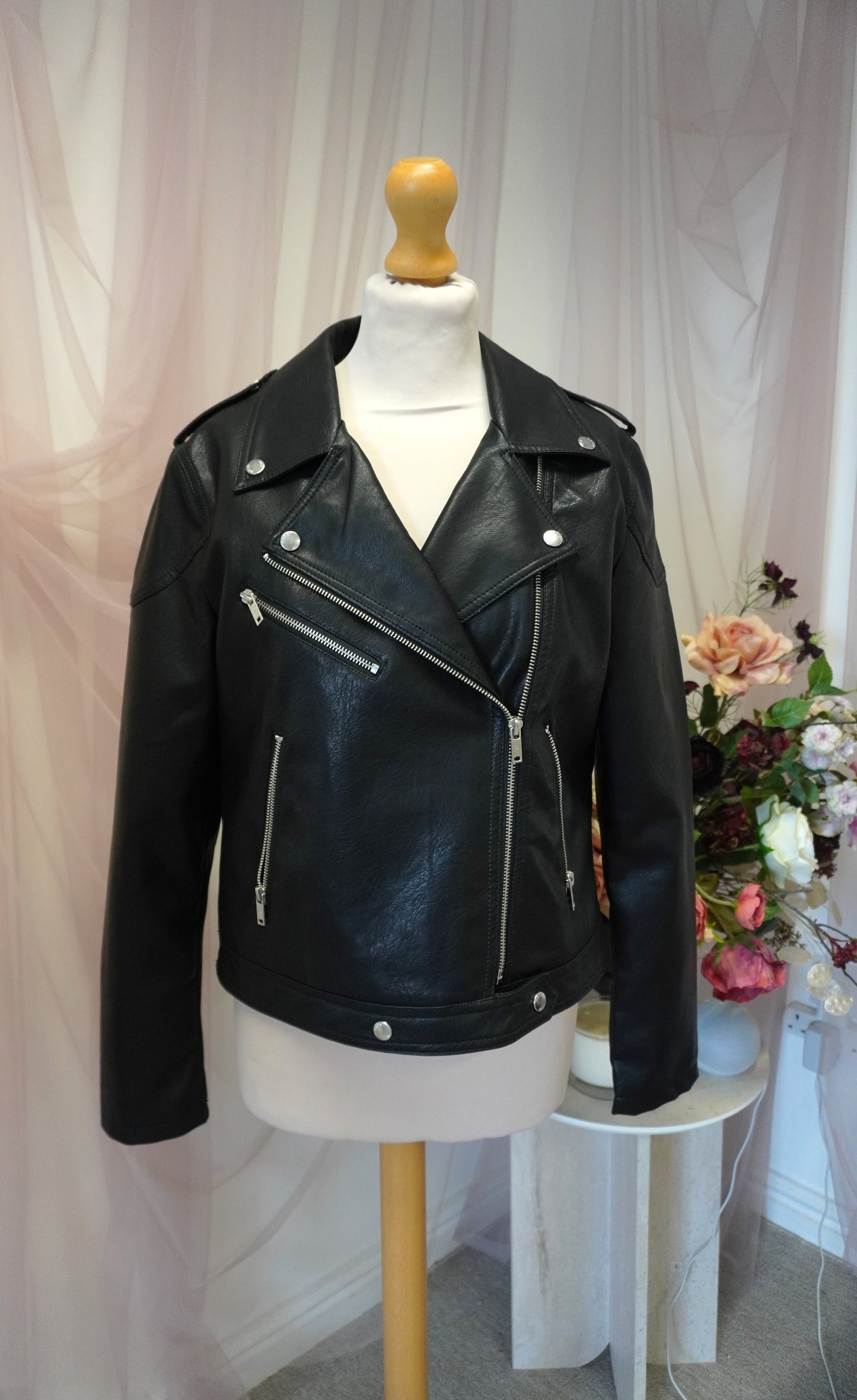 Women's Black Embroidered Faux Leather Silver Till Death Do Us Part Skeleton Hands Jacket