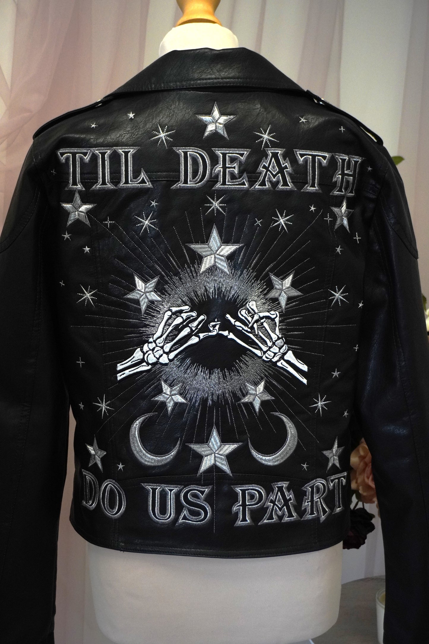Women's Black Embroidered Faux Leather Silver Till Death Do Us Part Skeleton Hands Jacket