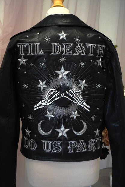 Women's Black Embroidered Faux Leather Silver Till Death Do Us Part Skeleton Hands Jacket