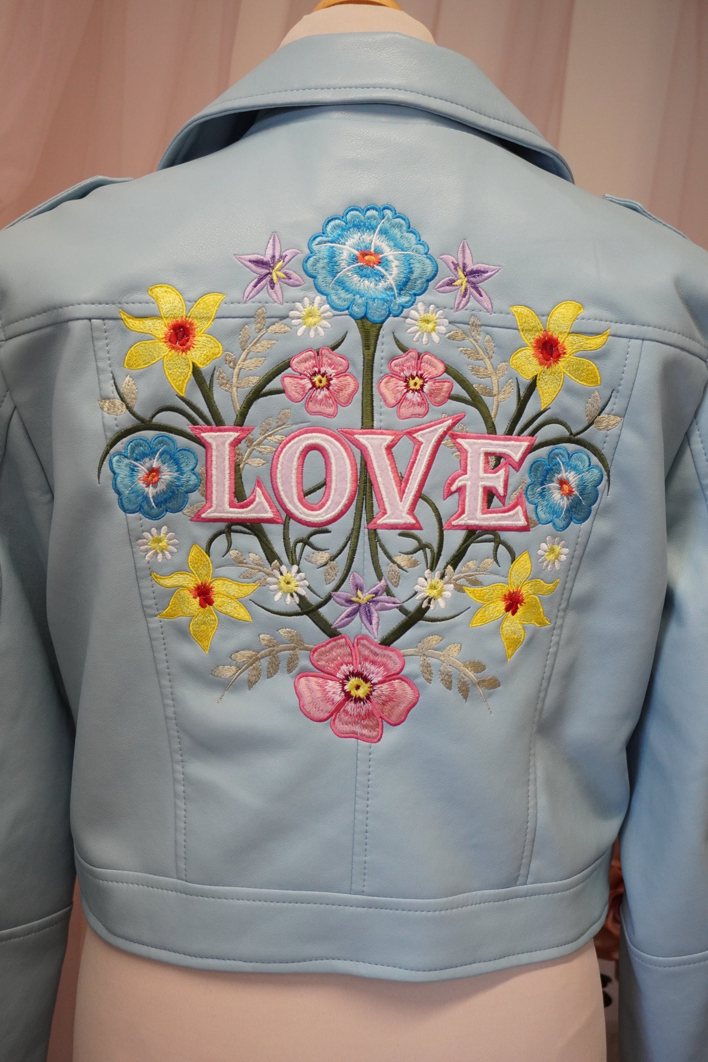 Women's Cropped Embroidered Faux Leather Baby Blue Bright Floral Bouquet Jacket
