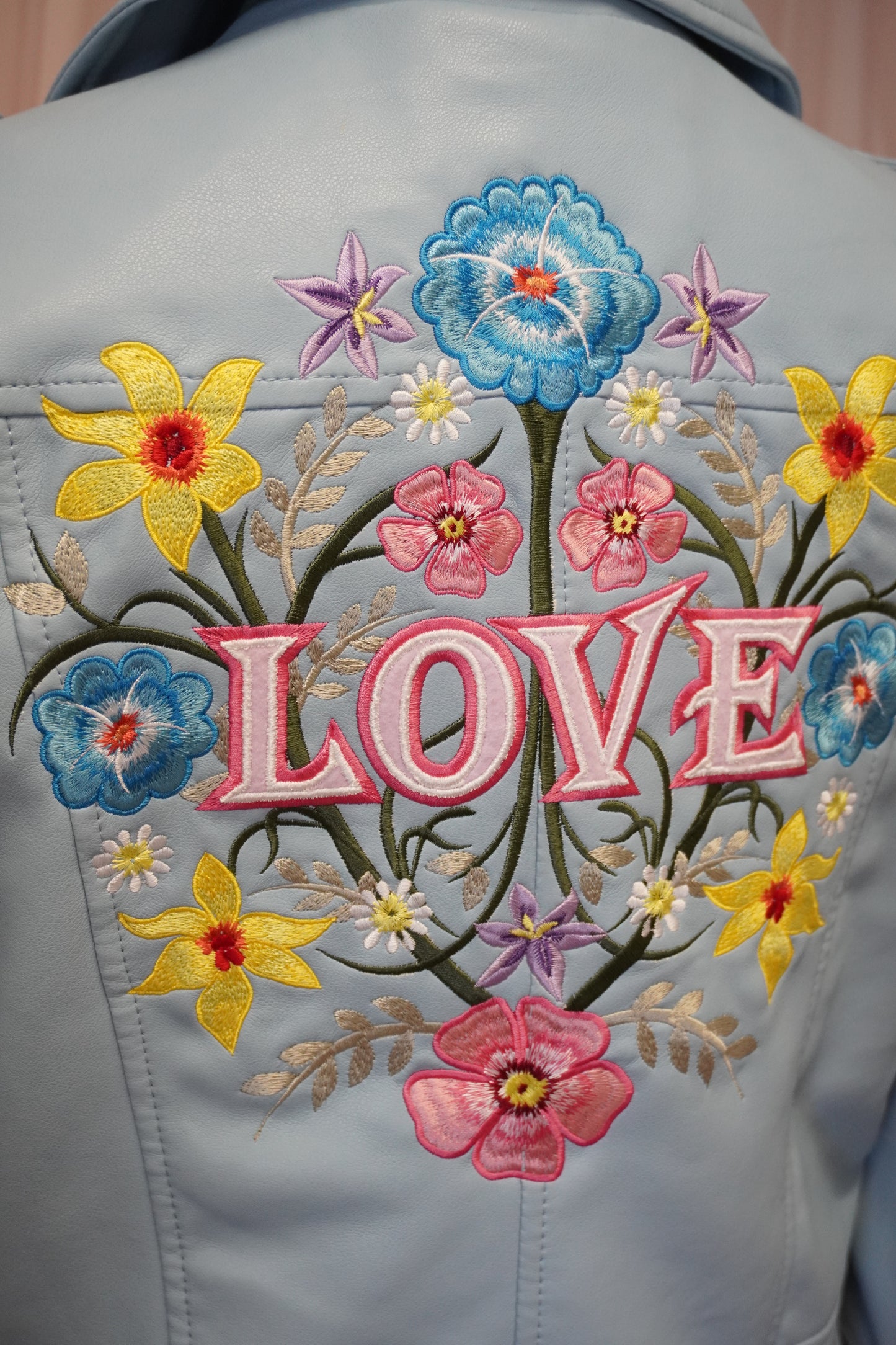 Women's Cropped Embroidered Faux Leather Baby Blue Bright Floral Bouquet Jacket