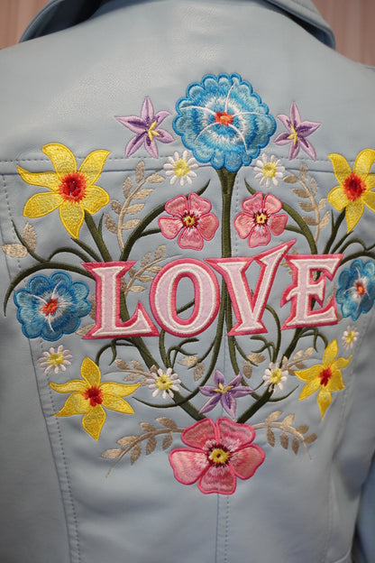 Women's Cropped Embroidered Faux Leather Baby Blue Bright Floral Bouquet Jacket