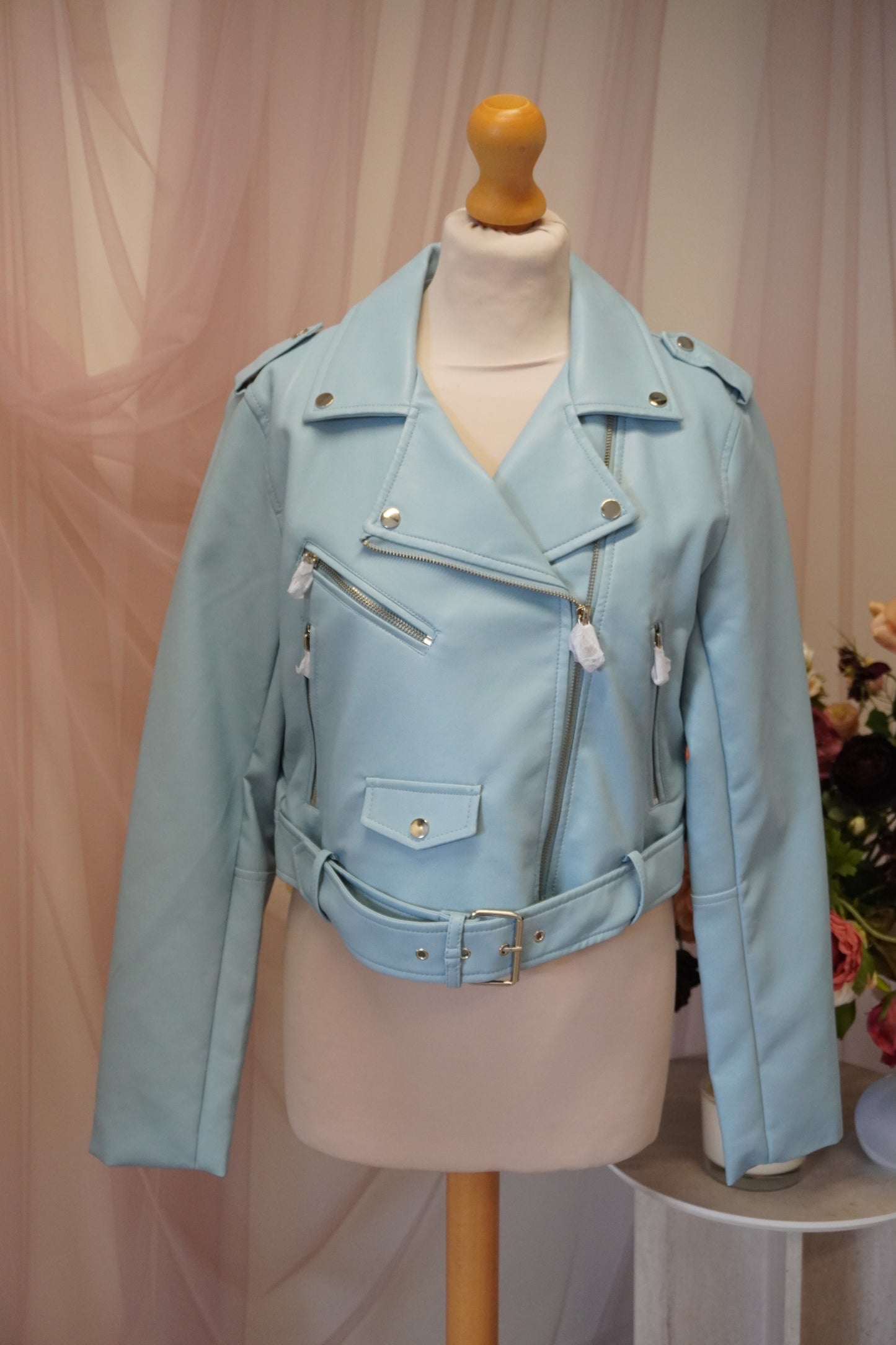 Women's Cropped Embroidered Faux Leather Baby Blue Bright Floral Bouquet Jacket