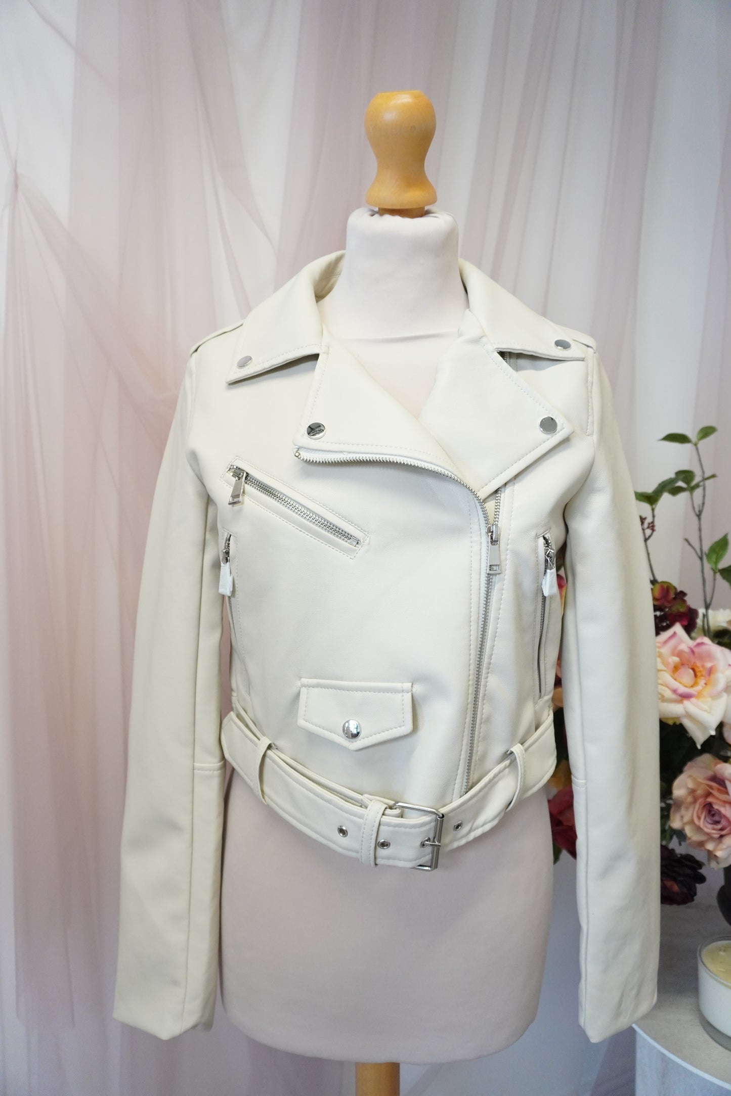 Women's Ivory Cream Cropped Embroidered Faux Leather Jacket with Pink and Red Florals