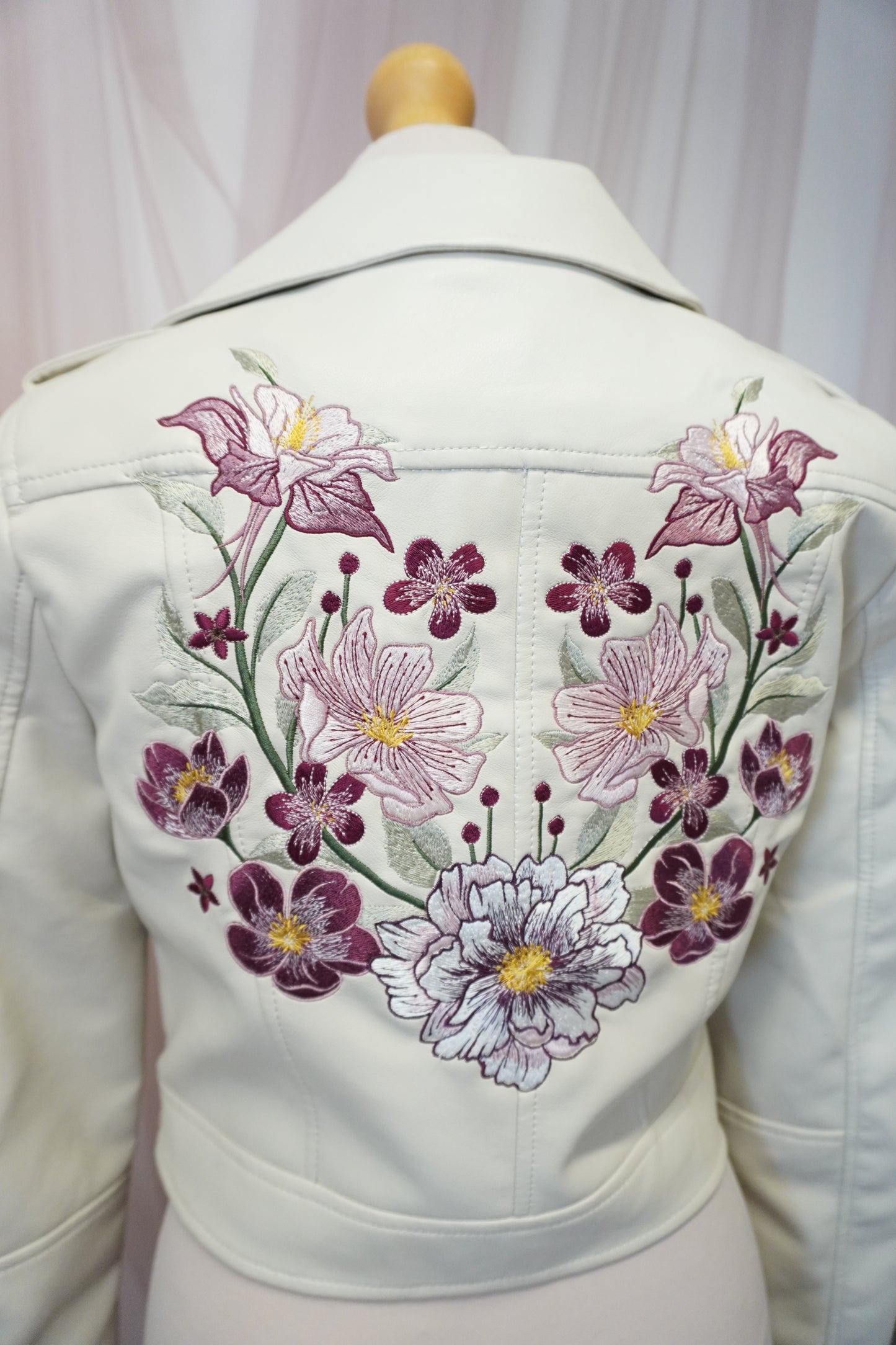 Women's Ivory Cream Cropped Embroidered Faux Leather Jacket with Pink and Red Florals