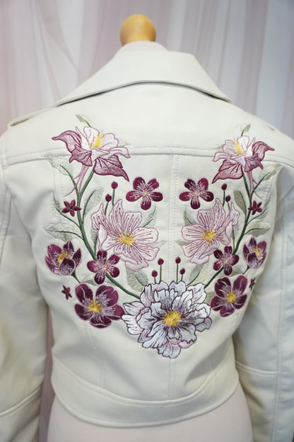 Women's Ivory Cream Cropped Embroidered Faux Leather Jacket with Pink and Red Florals