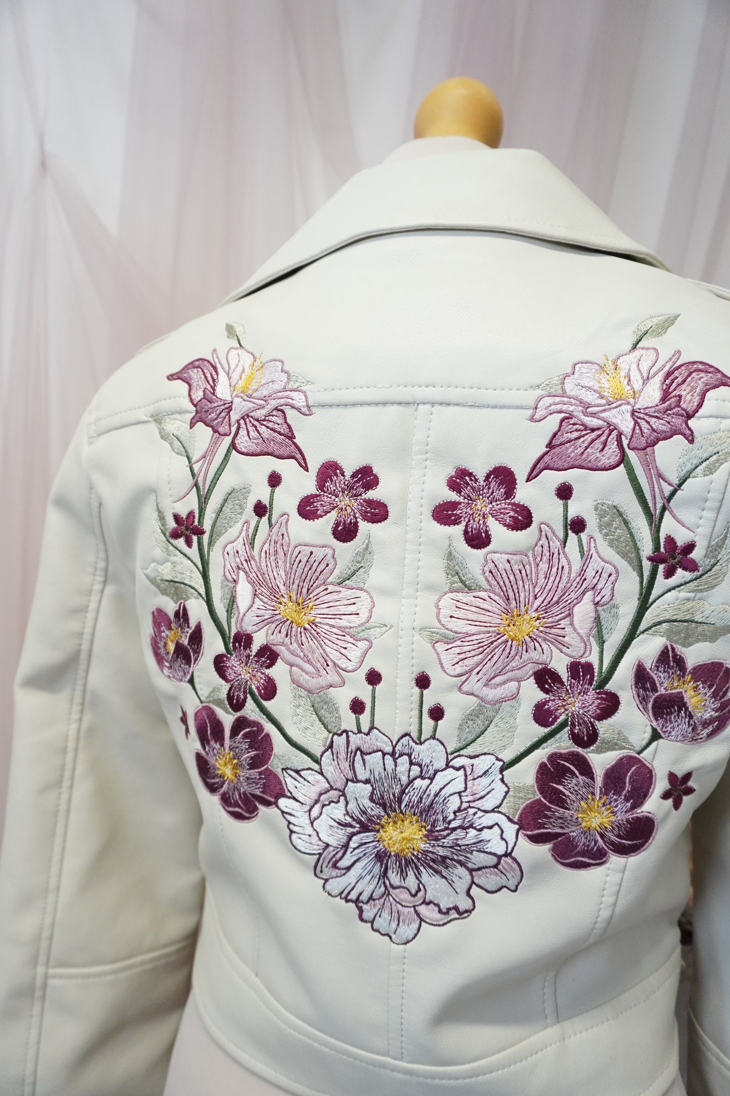 Women's Ivory Cream Cropped Embroidered Faux Leather Jacket with Pink and Red Florals
