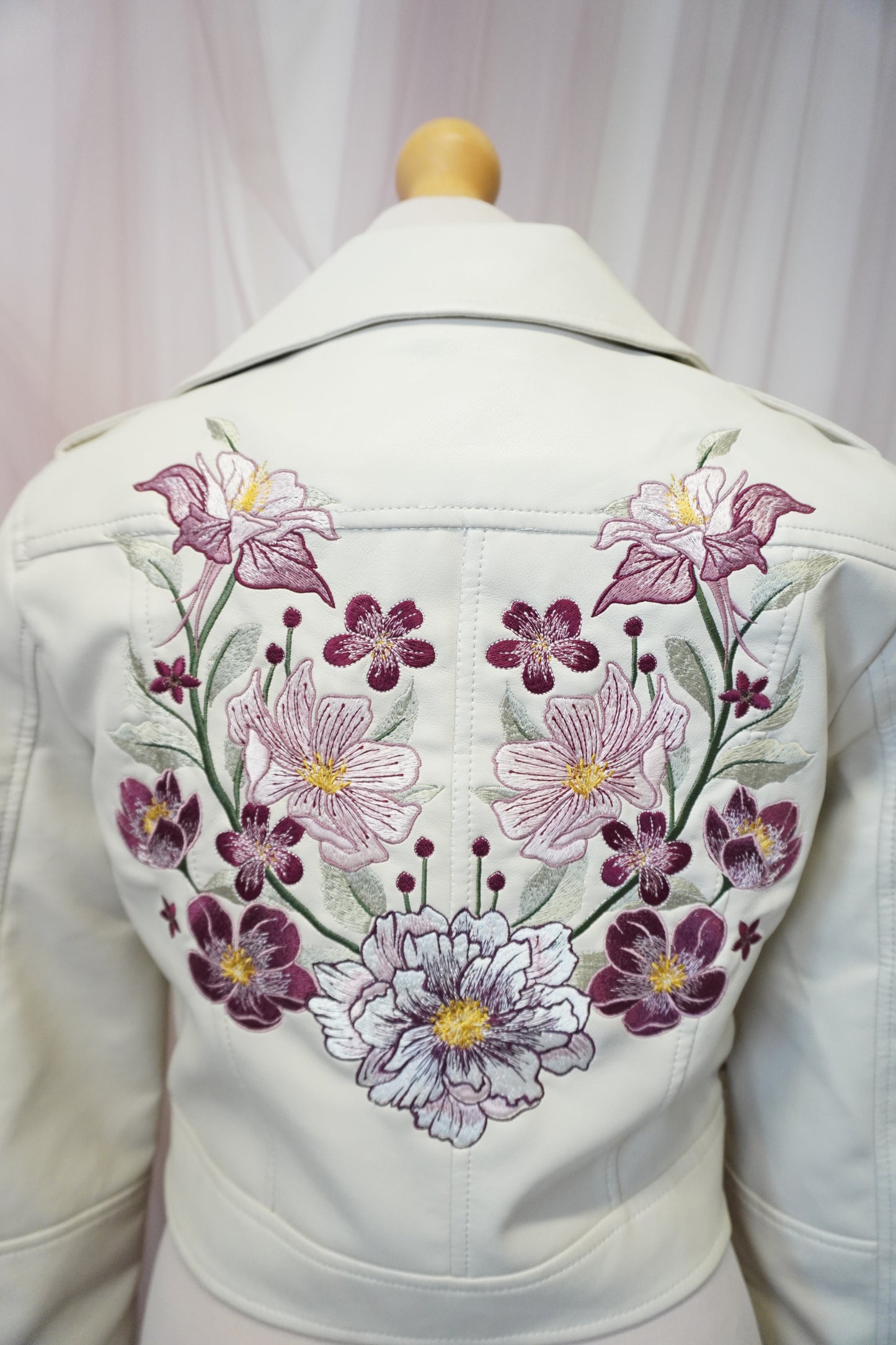 Women's Ivory Cream Cropped Embroidered Faux Leather Jacket with Pink and Red Florals