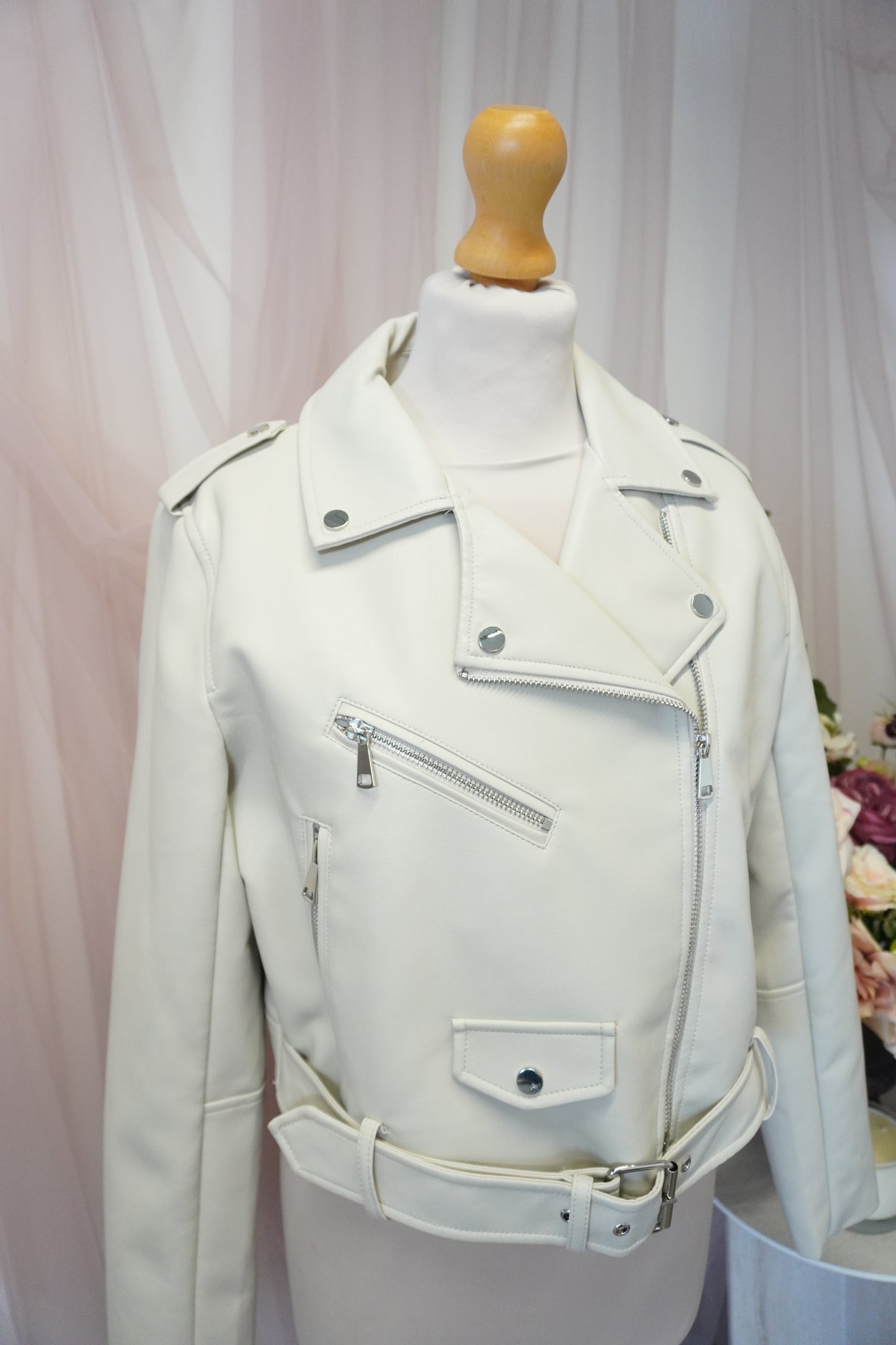 Women's Ivory Cream Cropped Embroidered Faux Leather Jacket - Elegant Greenery Victoria Light
