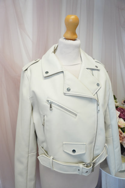 Women's Ivory Cream Cropped Embroidered Faux Leather Jacket - Elegant Greenery Victoria Light