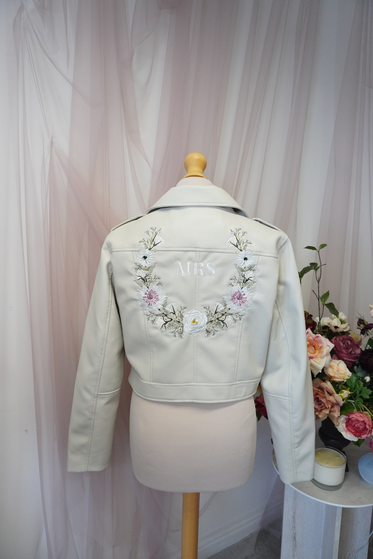 Women's Ivory Cream Cropped Embroidered Faux Leather Jacket - Elegant Greenery Victoria Light